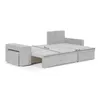 A light gray sofa bed is shown in an extended position, with dimensions indicated by lines and text. Produktbild-Vorschau
