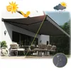 An awning is shown in two different weather conditions: sunny and rainy. The sunny side shows a patio with furniture under the awning, and the rainy side shows rain falling on the awning, with a close-up of water droplets on the fabric. Produktbild-Vorschau