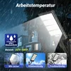 A solar street light is shown in various weather conditions and environments, highlighting its durability and operational range. Produktbild-Vorschau