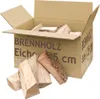 A cardboard box filled with firewood, with some logs in front of it. Produktbild-Vorschau