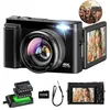 A black digital camera with accessories, including batteries, a charger, and a memory card, is displayed against a white background. The camera's screen is flipped out and shows a picture of a woman. A small inset image shows three people taking a selfie. Produktbild-Vorschau