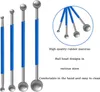A set of five metal ball stylus tools with blue rubber grips, displayed in a row on the left and in a circular inset on the right, with accompanying text describing their features. Produktbild-Vorschau