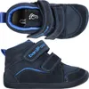 A collage of two images showing a pair of navy blue children's high-top shoes with blue accents and velcro straps.