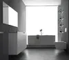 A modern, minimalist bathroom with a bathtub, toilet, and vanity. Produktbild-Vorschau
