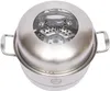 A top-down view of a stainless steel steamer pot with a glass lid. Podgląd zdjęcia produktu