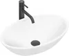 A white oval basin with a black faucet. Náhled obrázku produktu