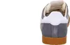 The back view of a single gray sneaker with a white accent and a brown sole. Produktbild-Vorschau