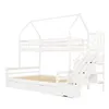 A white bunk bed with a house-shaped frame, stairs, and drawers. Produktbild-Vorschau