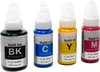 Four bottles of refill ink for printers, labeled with colors and codes. Produktbild-Vorschau