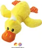 A yellow plush duck toy with orange and white polka dot wings, lying on its back on a white background. Below the toy are two circular swatches of color, one with orange and white polka dots and the other with purple and white stripes, labeled "Assorted Co Produktbild-Vorschau