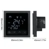 A smart thermostat is shown from the front and side, with dimensions indicated. Podgląd zdjęcia produktu