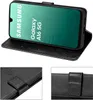 A collage of images showing a black flip case for a Samsung Galaxy A16 5G phone, with close-ups of the case's texture and closure. Produktbild-Vorschau