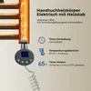 A close-up of an electric towel warmer with a digital display and control panel, next to a graphic illustrating its features. Voir les images du produit