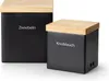 Two black storage containers with wooden lids, labeled 'Zwiebeln' and 'Knoblauch'. Produktbild-Vorschau