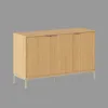 A wooden sideboard with three doors and metal legs, presented against a plain gray background. Podgląd zdjęcia produktu
