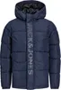 A navy blue puffer jacket with the brand name "JACK & JONES" printed vertically on the front.