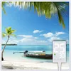 A tropical beach scene with palm trees, a boat, and a digital display showing temperature readings. Produktbild-Vorschau