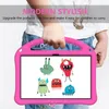 A child holds a pink tablet case with drawings of monsters on the screen. Náhled obrázku produktu