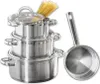 A stack of stainless steel pots and a saucepan with a handle, with spaghetti inside the top pot. Anteprima dell’immagine prodotto