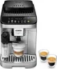A DeLonghi Magnifica Evo coffee machine is shown from a front-diagonal angle on a white background. It is making a latte into a glass, and two espresso cups are to the right. Voir les images du produit