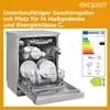 A dishwasher with its door open, displaying racks of dishes, alongside an energy efficiency label. Produktbild-Vorschau