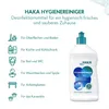 A bottle of HAKA Hygienereiniger disinfectant cleaner is shown with a list of its applications. Produktbild-Vorschau