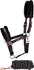 A black horse halter and lead rope with rose gold hardware and accents. Voir les images du produit