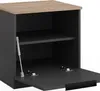 A close-up view of an open cabinet with a gas strut. The cabinet has a wooden top and dark grey sides and shelves. Náhled obrázku produktu