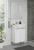 A modern bathroom vanity with a sink and faucet, set against a tiled wall with a window and a shower in the background. Produktbild-Vorschau