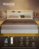 A modern white bed with LED lighting, bedside tables, and a charging pad on the headboard, with feature callouts at the bottom. Produktbild-Vorschau