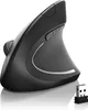 A black vertical wireless mouse and its USB receiver are shown against a white background. Produktbild-Vorschau