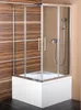 A shower enclosure with a shower head and controls, installed over a bathtub. The background features wood-look tiles and a plain wall. Produktbild-Vorschau