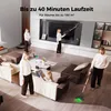A collage of images showing people using a cordless vacuum cleaner in a modern living room. Produktbild-Vorschau