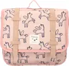 A pink satchel with a unicorn print.