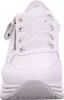 A close-up, front-facing view of a white sneaker with silver laces and a zipper. Voir les images du produit