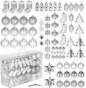A collection of silver Christmas ornaments arranged on a white background. Produktbild-Vorschau