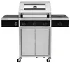 A stainless steel gas grill with side burners and storage cabinet, shown from the front on a white background. Produktbild-Vorschau