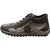 A side view of a single gray and brown women's bootie with laces and a zipper. Produktbild-Vorschau