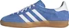 A side view of a blue Adidas Gazelle Indoor sneaker with white stripes and a gum sole. Produktbild-Vorschau
