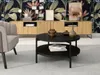 A living room scene with a coffee table, armchair, and a credenza against a floral wallpaper. Produktbild-Vorschau