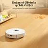 A white robot vacuum cleaner is on a wooden floor near a pile of dirt. Produktbild-Vorschau