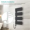 A bathroom scene with a modern anthracite electric towel warmer mounted on a tiled wall. An inset diagram illustrates the installation process. Anteprima dell’immagine prodotto