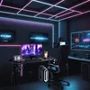 A modern gaming setup with a desk, chair, and multiple monitors, illuminated by neon lights. Voir les images du produit