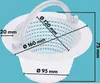 A white plastic skimmer basket for a swimming pool, with dimensions indicated by measurement lines and text. Produktbild-Vorschau