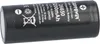 A black cylindrical battery with text and symbols printed on it, lying on a white background. Voir les images du produit