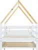 A white house-shaped bed frame with a wooden slatted base and a pull-out trundle bed, shown against a white background. Produktbild-Vorschau