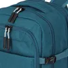A close-up view of a teal backpack, focusing on the zippers and a buckle. Voir les images du produit