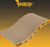 A cat scratching lounge bed with a wavy shape, made of corrugated cardboard, with a decorative border featuring cat silhouettes and paw prints. The brand logo is visible at the top. Produktbild-Vorschau