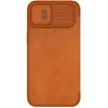 A brown leather phone case with a sliding camera cover. Produktbild-Vorschau