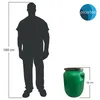 A silhouette of a person standing next to a green barrel, with dimensions indicated. Produktbild-Vorschau
